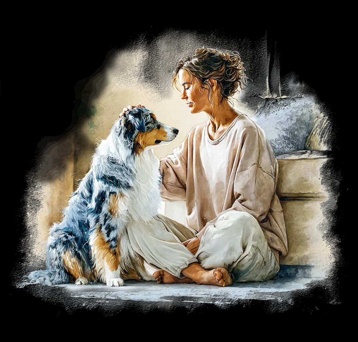 Woman sitting with her Australian Shepherd at home - CodaPet at-home pet euthanasia