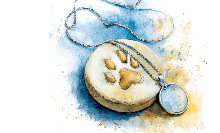 Watercolor illustration of a memorial urn beside a framed photo of a person with their dog