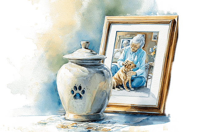 Watercolor illustration of a clay paw print keepsake with a memorial necklace